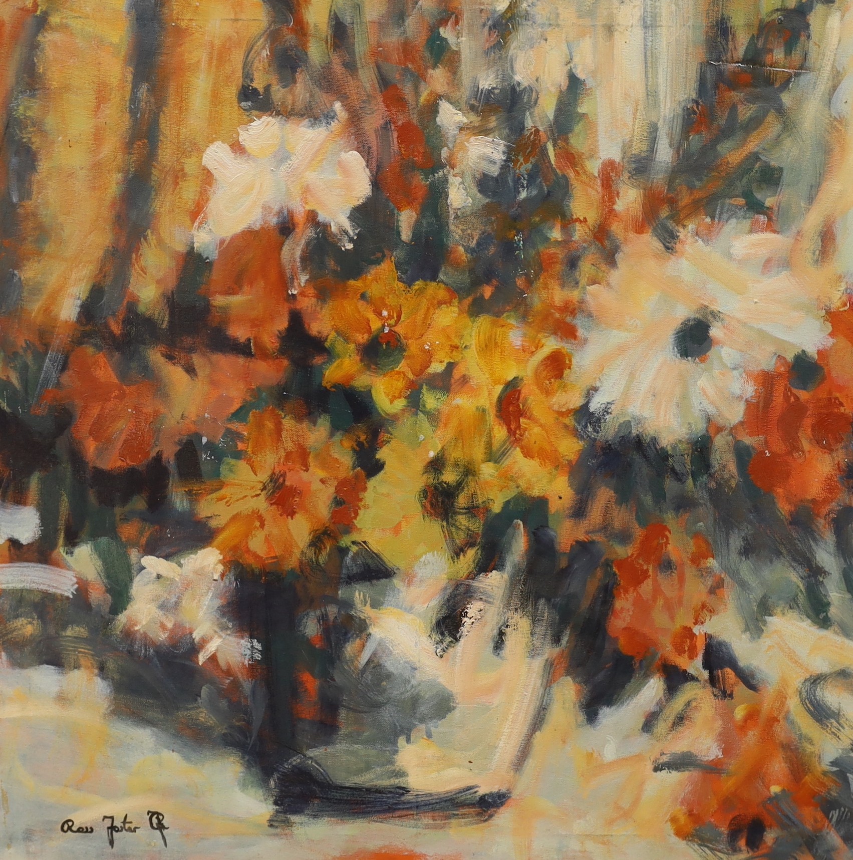 Ross Foster (Contemporary), oil on canvas, Still life of flowers in a vase, signed, 70 x 70cm, unframed
